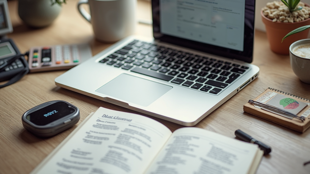 A writer's workspace with a laptop, notebooks, and coffee, surrounded by icons of digital products, affiliate links, and passive income streams.