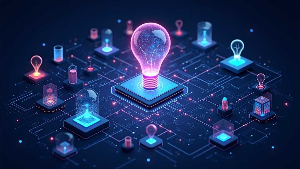 An abstract representation of an AI-powered digital marketing hub with interconnected tools and resources, vibrant tech graphics, and a futuristic interface.