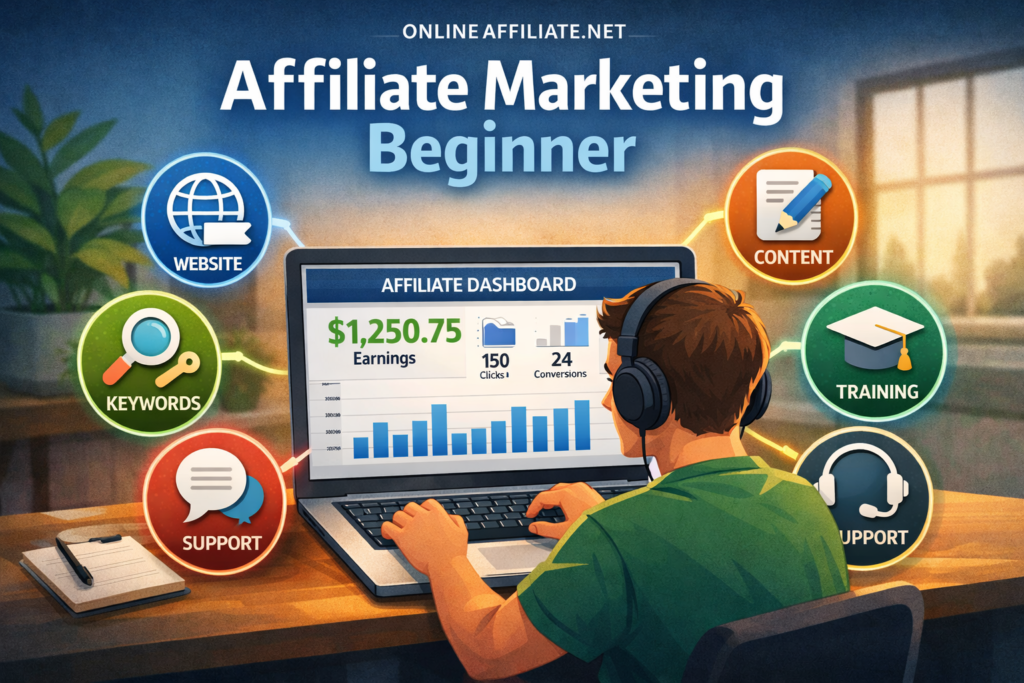 a beginner at a laptop looking at a simple affiliate marketing dashboard 