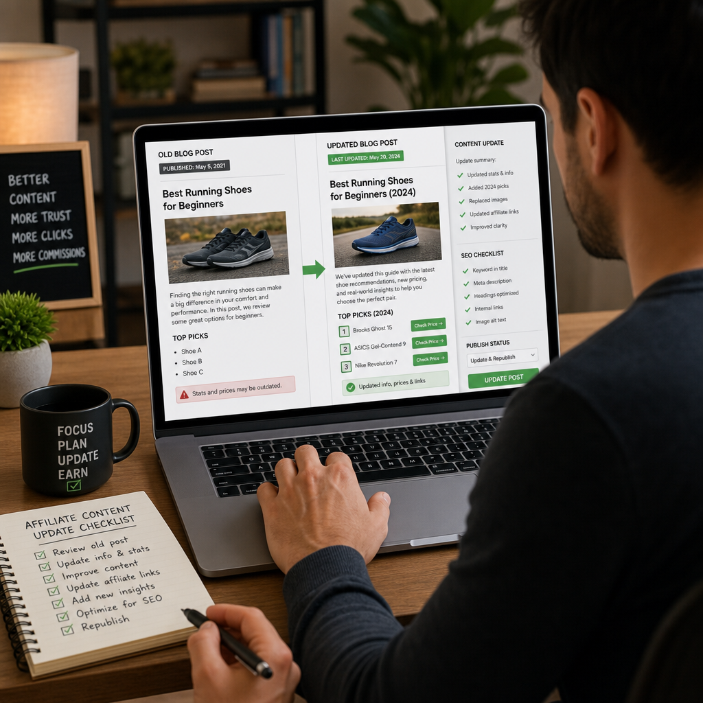 a clean, modern visual of an affiliate marketer reviewing old blog posts and updating content on a laptop.