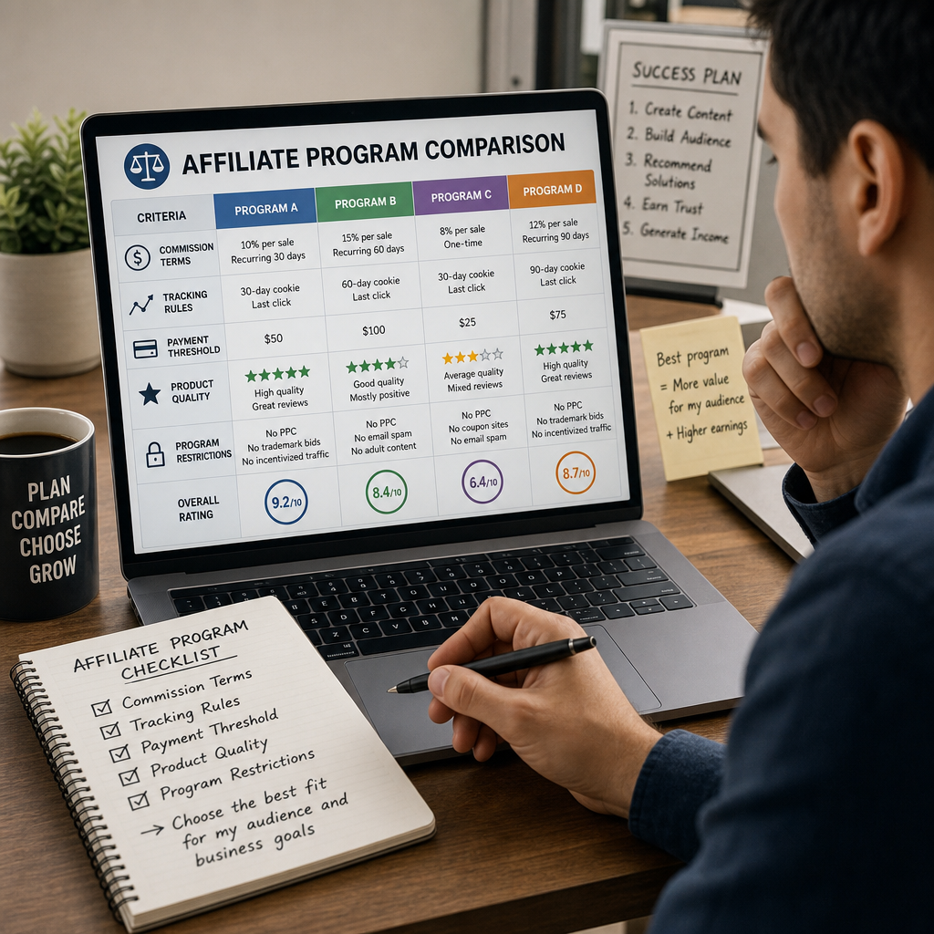 Affiliate publisher comparing commission terms, tracking rules, payment thresholds, product quality, and program restrictions before joining