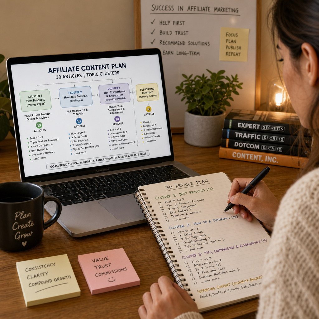 Affiliate website owner organizing a 30-article content - Online Affiliate Affiliate website owner organizing a 30-article content plan with topic clusters on a laptop and notebook