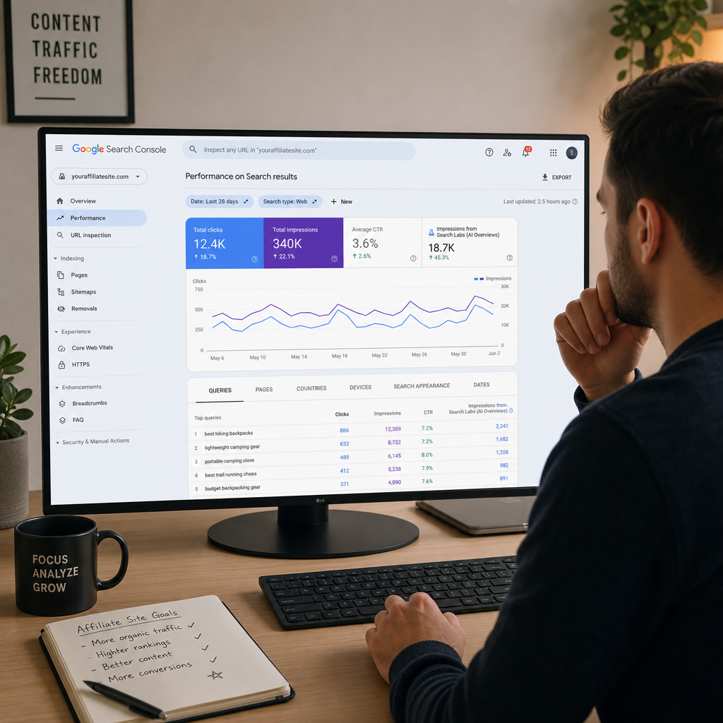 Affiliate website owner reviewing generative AI impressions and page performance inside Google Search Console - Online Affiliate