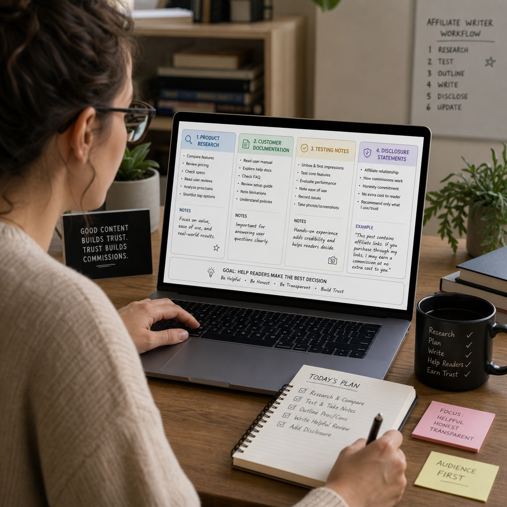 Affiliate writer comparing product research, customer documentation, testing notes, and disclosure statements on a laptop