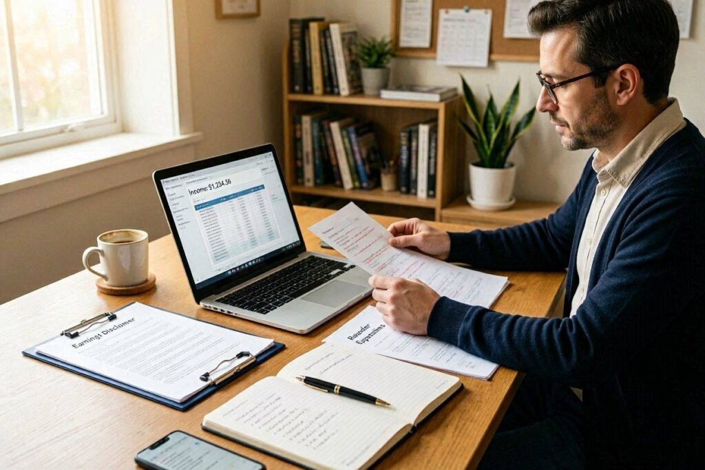 Affiliate publisher reviewing an income screenshot, earnings disclaimer, supporting evidence, and reader expectations before publishing