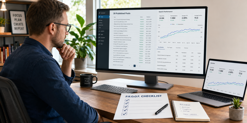 an Affiliate site owner reviewing 30 published posts, Search Console data, and a P.R.O.O.F. diagnostic checklist before creating more content.