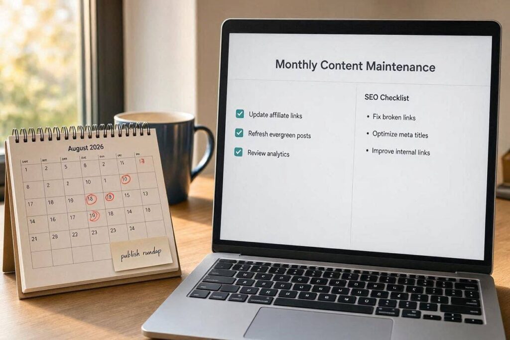 Calendar_beside_a_laptop_displaying_an_affilia - Online Affiliate Calendar beside a laptop displaying an affiliate website with monthly content maintenance tasks and SEO checklist.