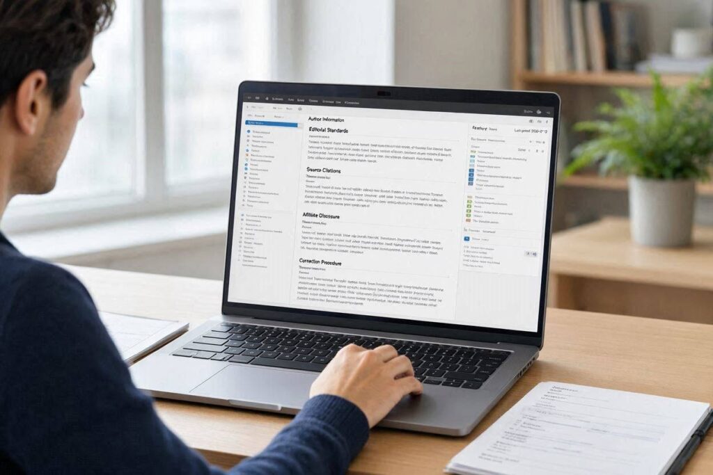 affiliate_publisher_reviewing_author_informat - Online Affiliate Affiliate publisher reviewing author information, editorial standards, source citations, affiliate disclosures, and correction procedures on a website