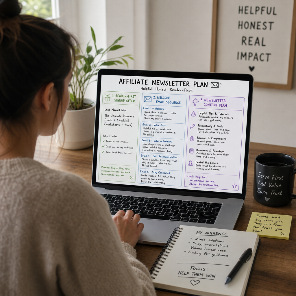 an affiliate website owner planning a helpful newsletter welcome email sequence and readerfirst signup offer on a laptop - Online Affiliate Affiliate website owner planning a helpful newsletter, welcome email sequence, and reader-first signup offer on a laptop