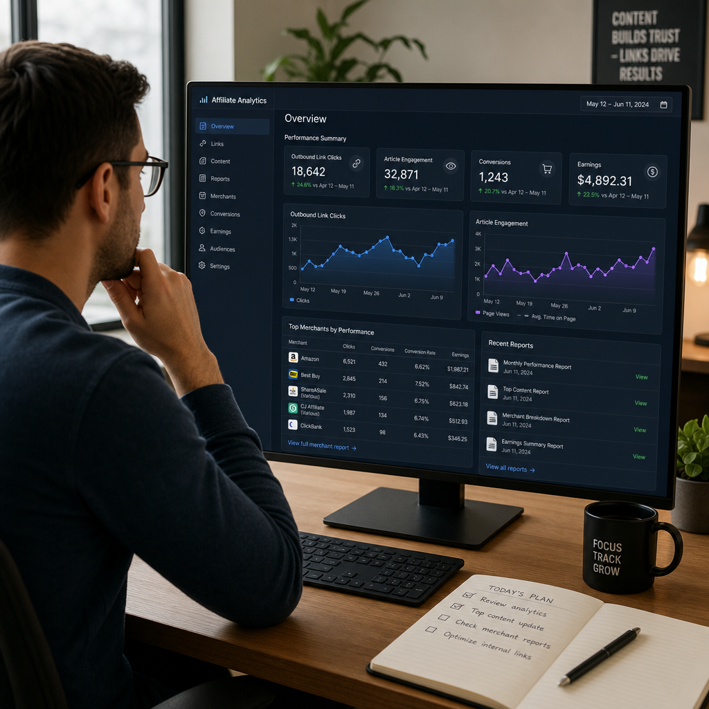 track-affiliate-link-clicks-ga4 - Online Affiliate Affiliate publisher reviewing outbound-link clicks, article engagement, and merchant reports in an analytics dashboard