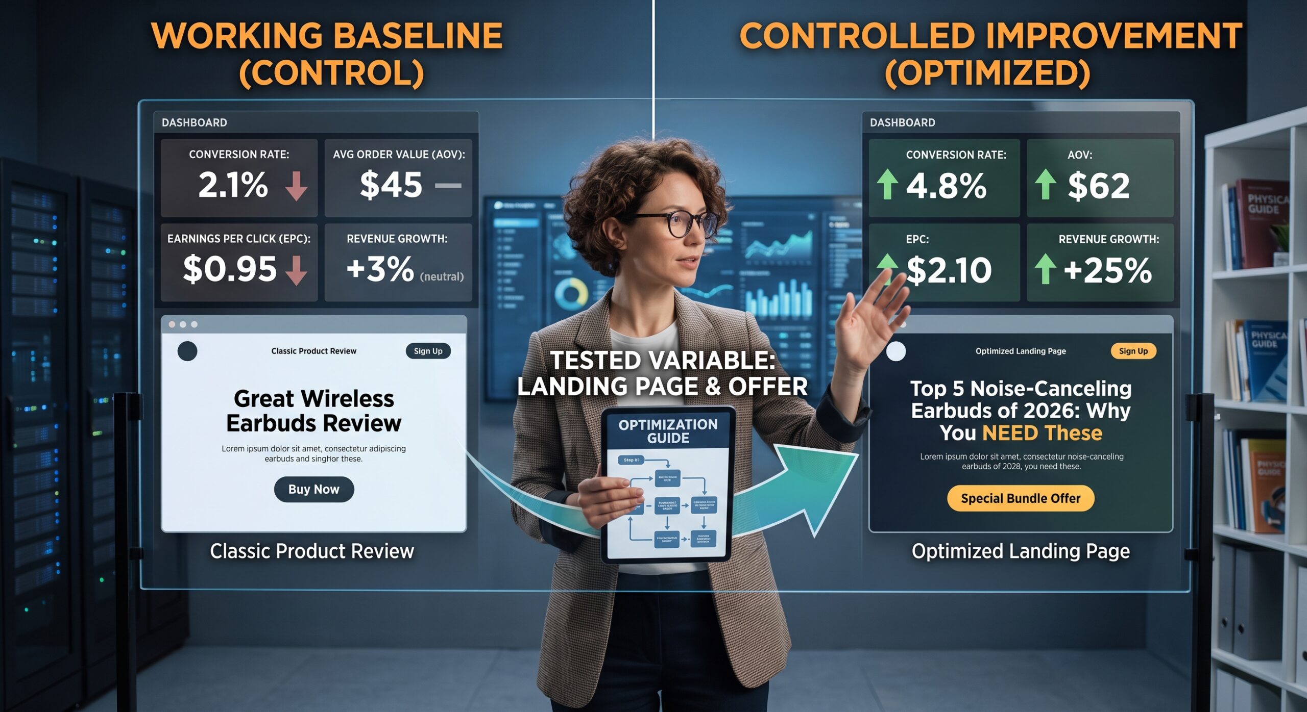 Affiliate publisher comparing a working baseline with one controlled improvement for an optimization guide