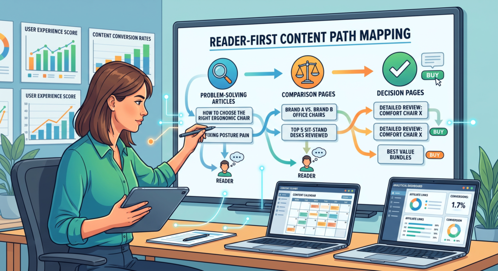 Affiliate publisher mapping a reader-first content path from problem-solving articles to comparison and decision pages - Online Affiliate Affiliate publisher mapping a reader-first content path from problem-solving articles to comparison and decision pages