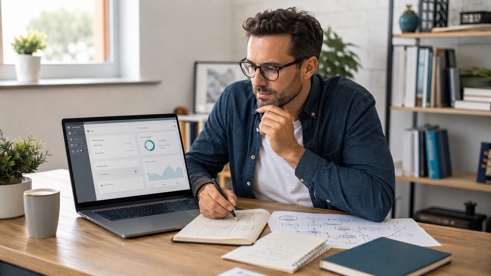 Affiliate publisher planning a first-result guide beside a laptop dashboard