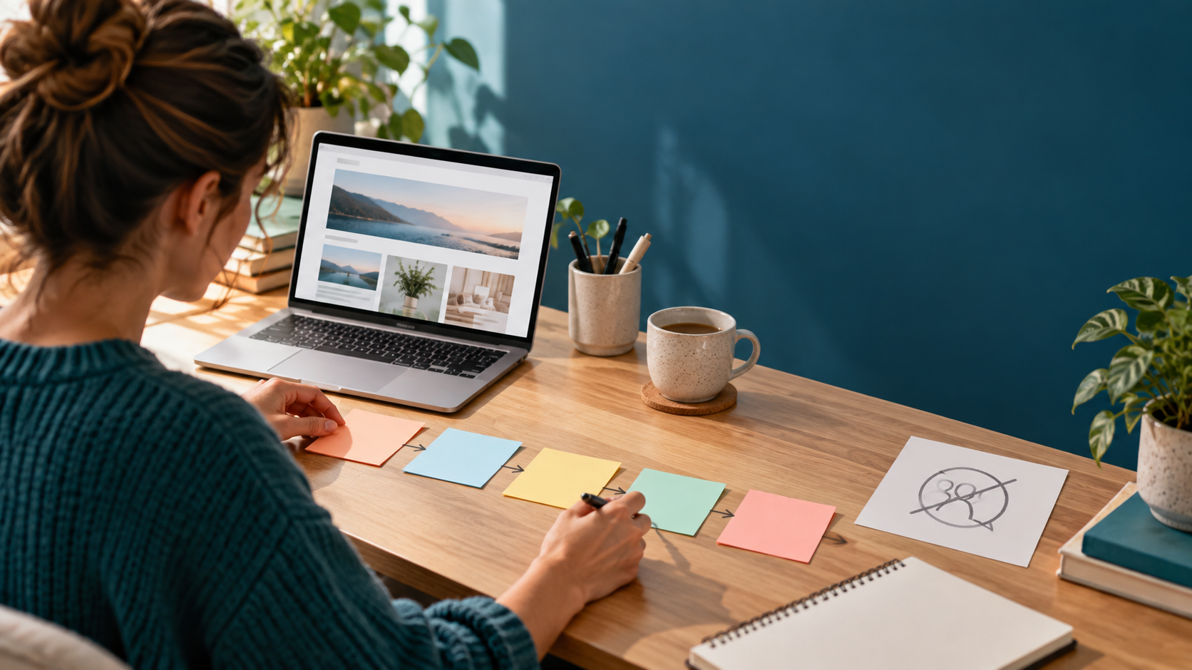 Beginner at a desk arranging five connected content ideas for a first affiliate website.