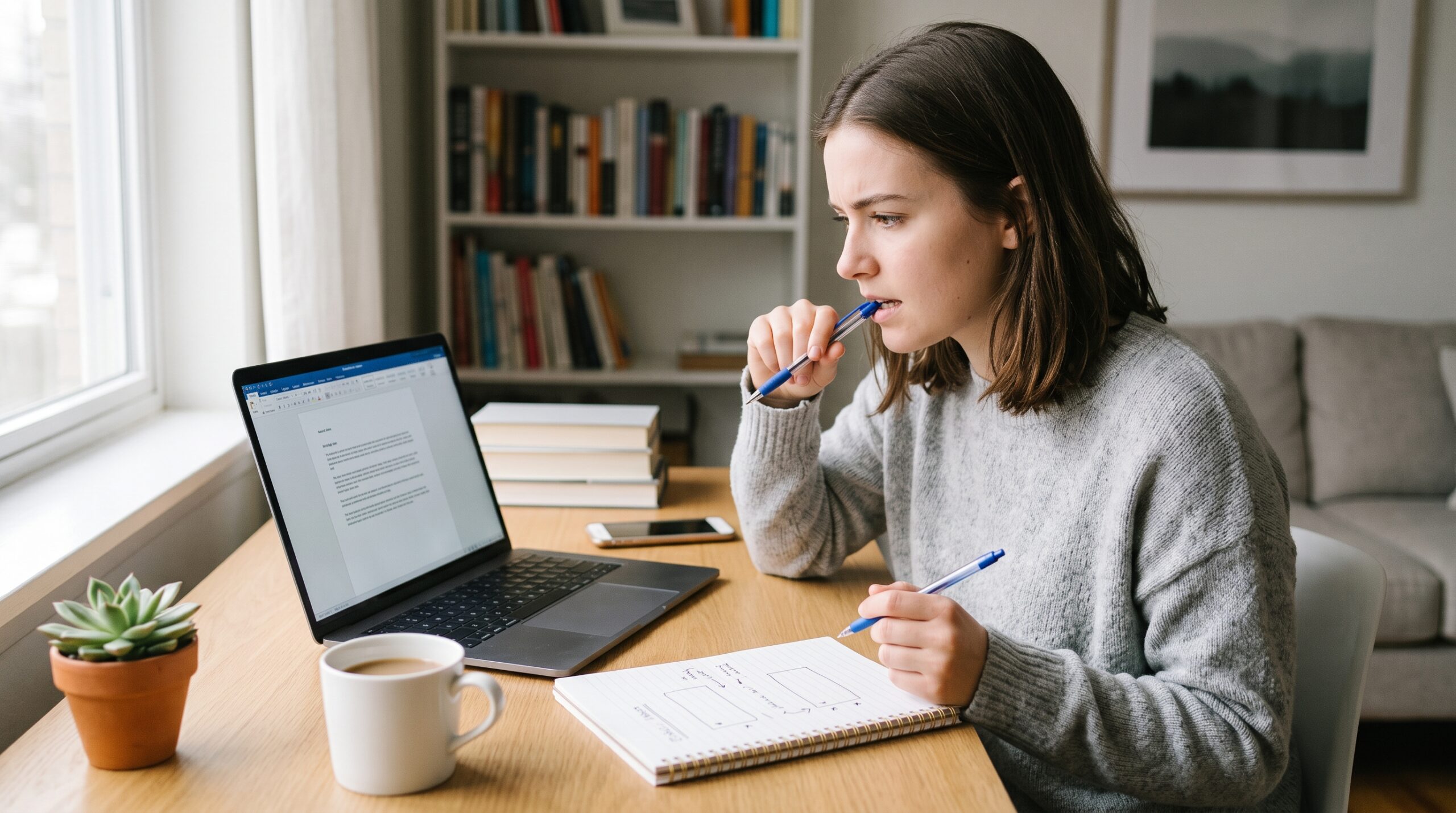 Woman reviewing a laptop document with an open notebook at a bright home desk