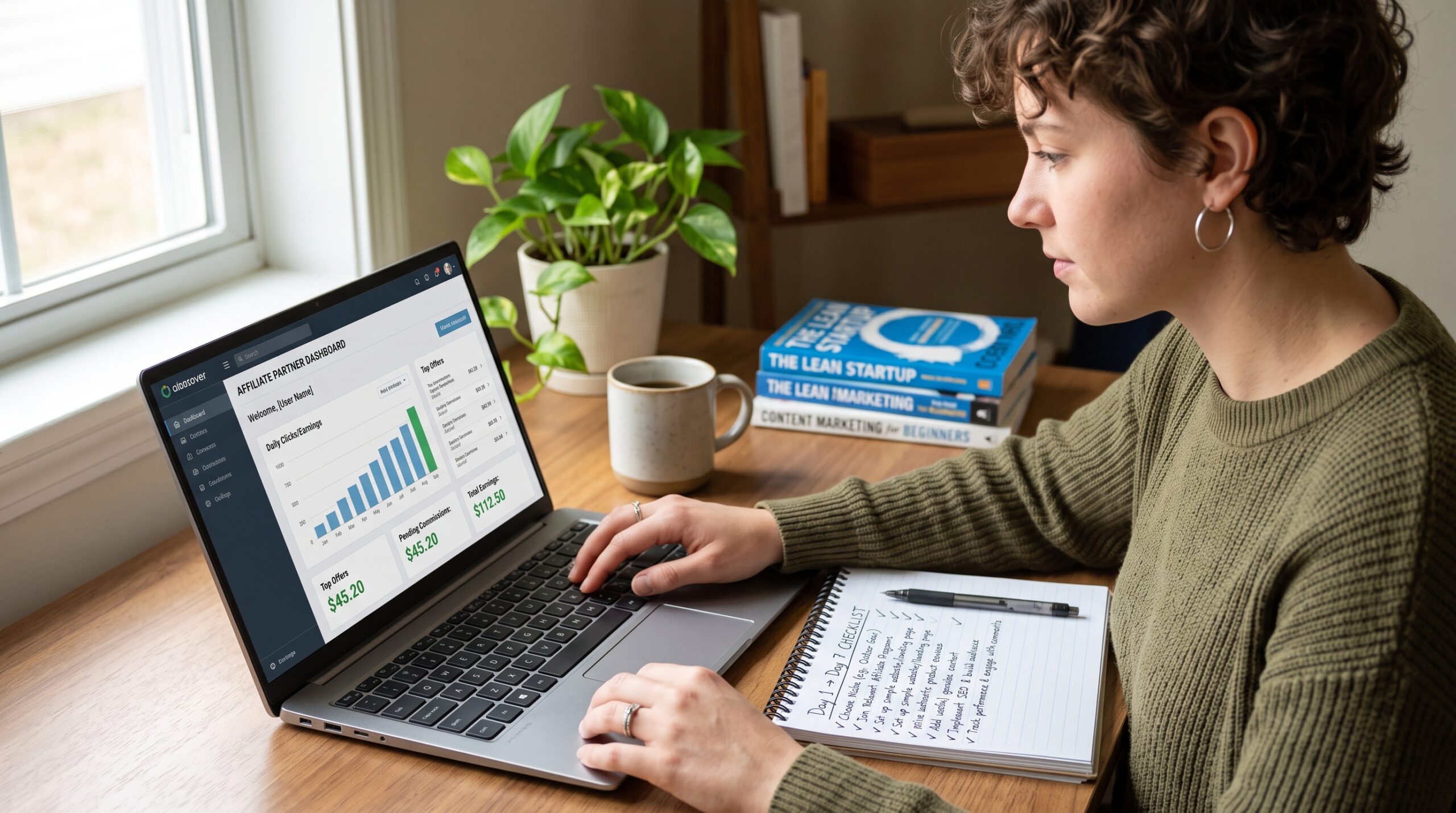 Beginner using a laptop to explore an affiliate marketing business dashboard during the first week of building an online business