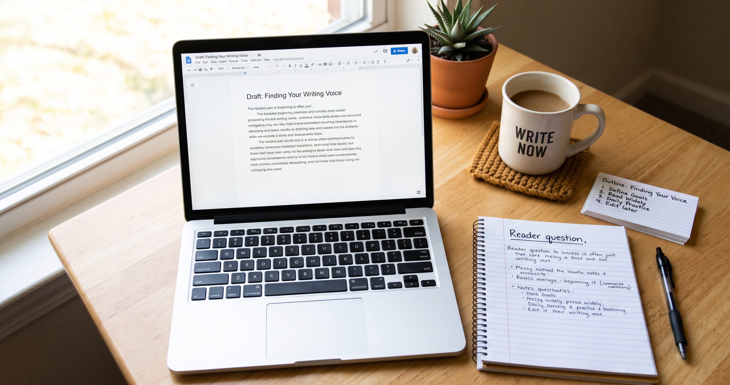 Beginner planning a first affiliate article with a reader question, short outline, and clean laptop draft