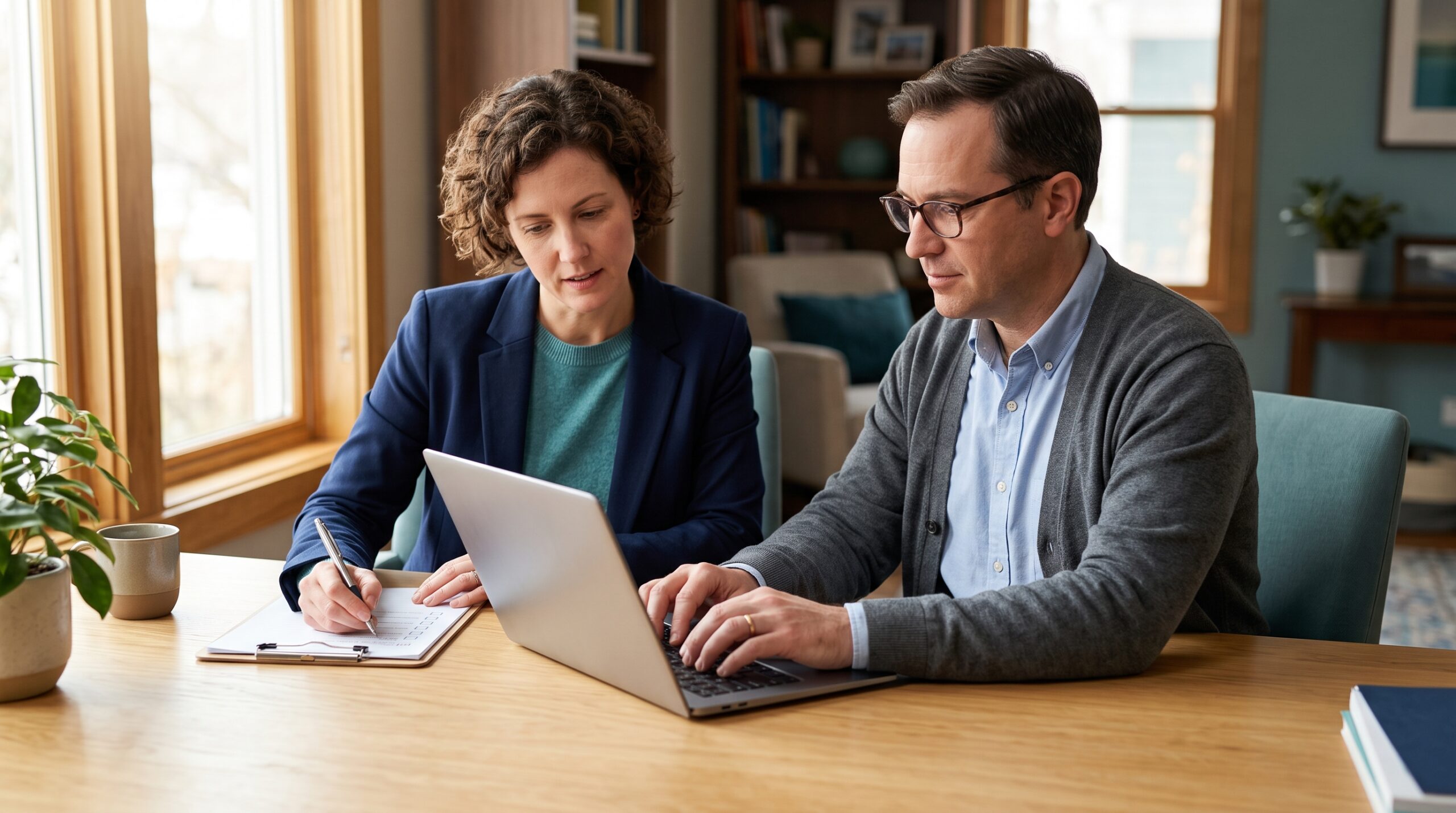 An independent publisher and an adult beginner sit together at a bright desk.
