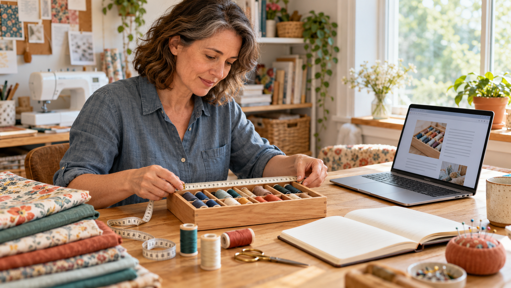 Hobbyist measuring a wooden thread organizer beside a laptop displaying a generic sewing website.