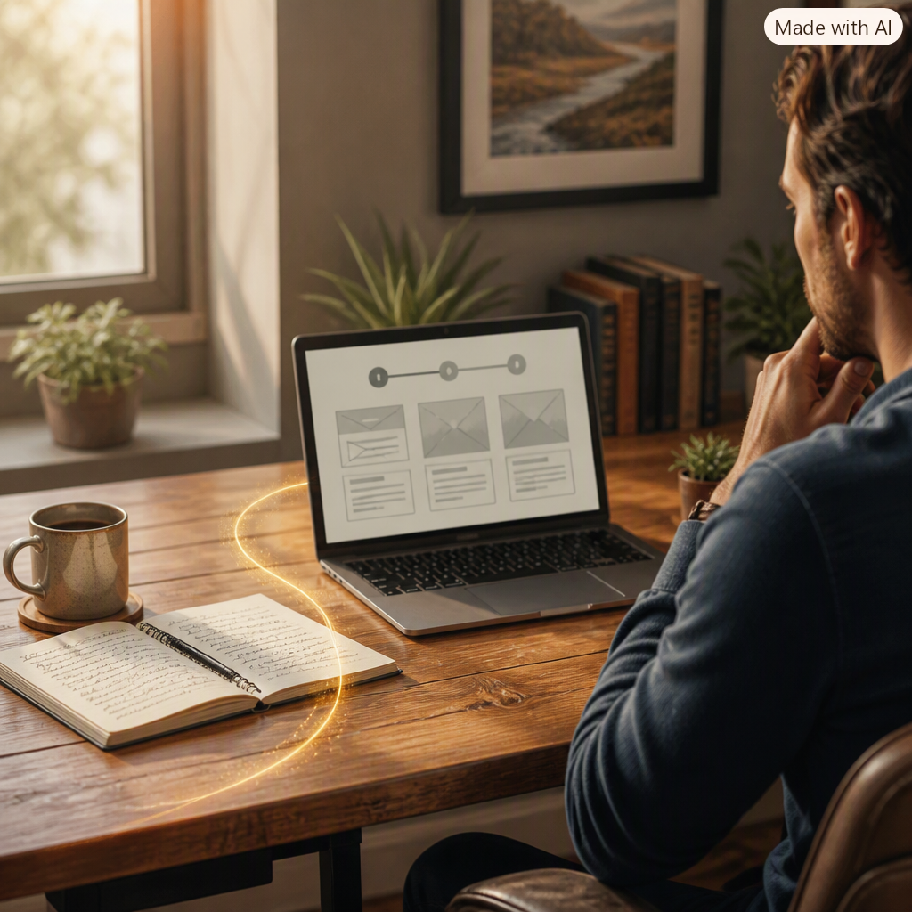 Editorial illustration of a beginner at a wooden desk turning a handwritten reader question in a spiral notebook into a three-step affiliate website wireframe on a laptop.