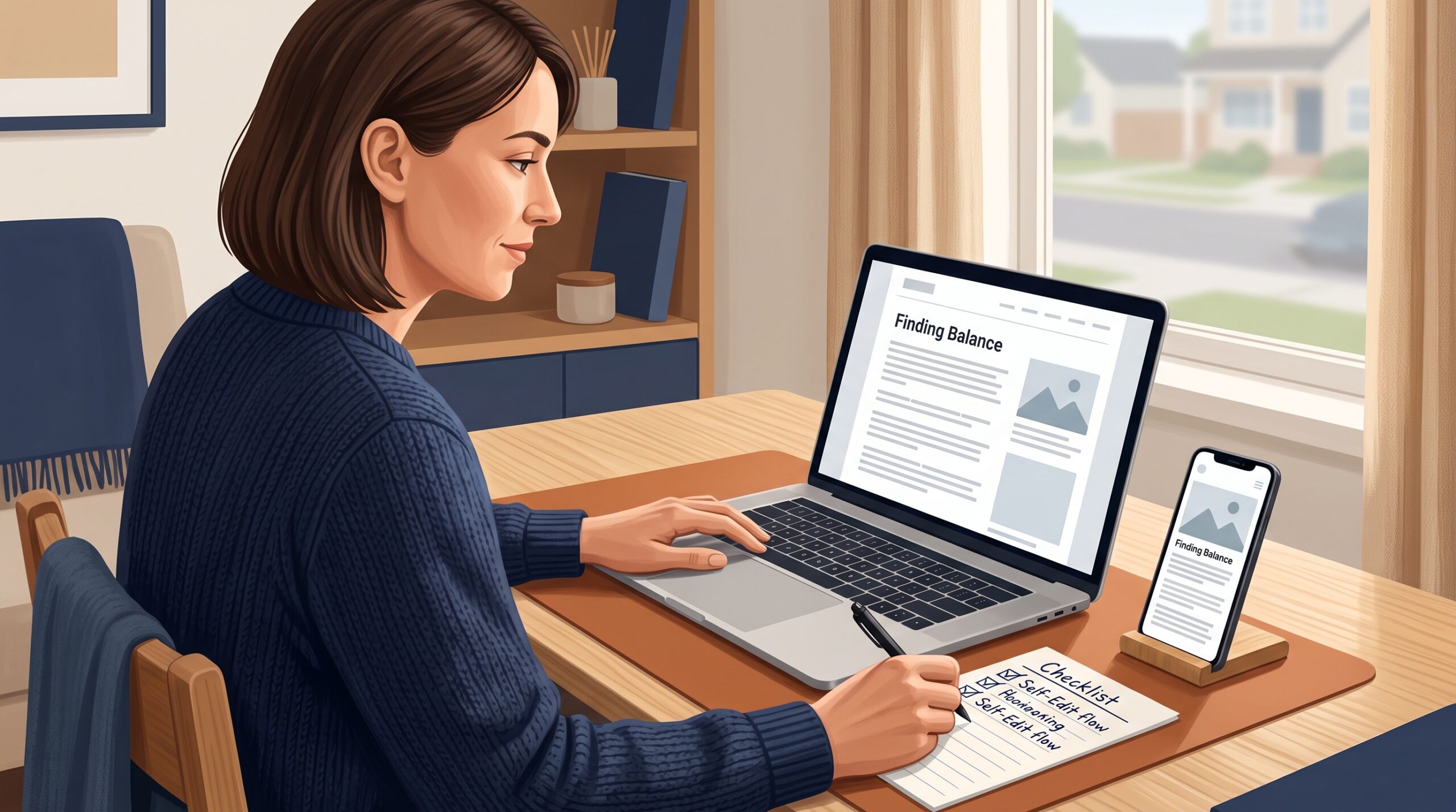 Illustration of a woman reviewing a blog post on a laptop beside a phone preview and a handwritten checklist.