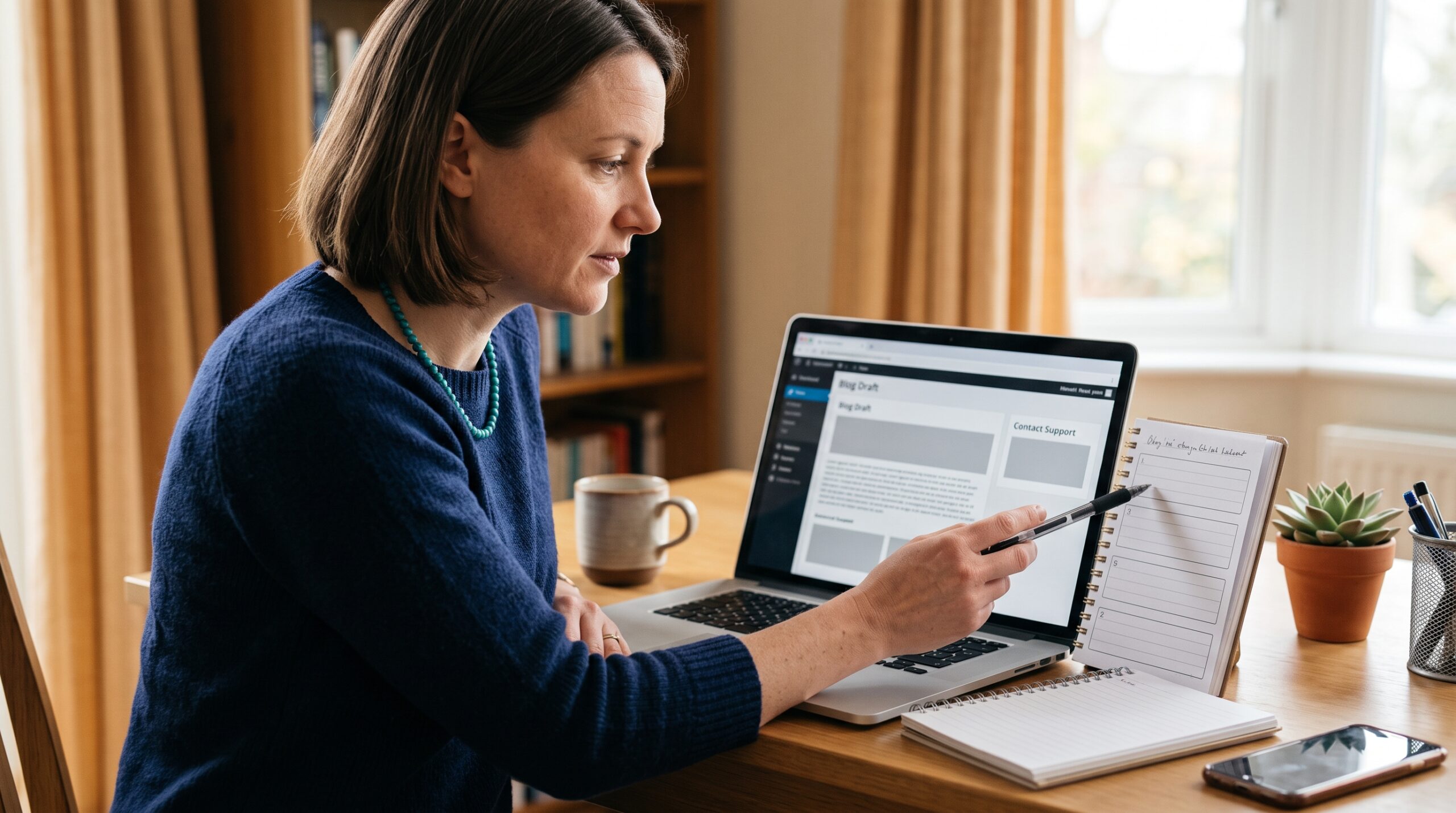 Woman reviewing a website draft on a laptop and pointing to a five-part help-request notebook.
